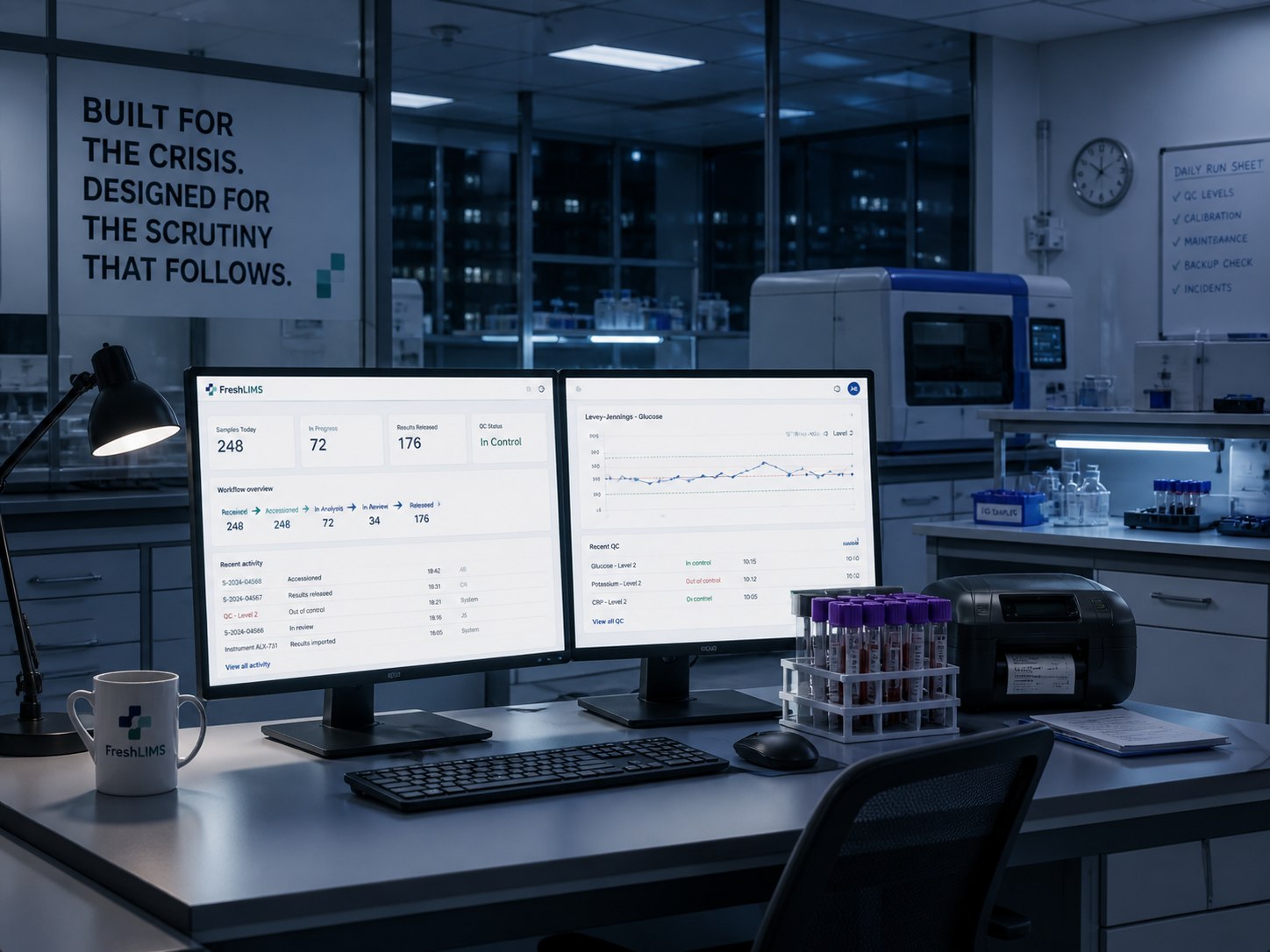Clinical lab at night, twin monitors running the FreshLIMS dashboard, FreshLIMS-branded mug, sample tubes and analyzer in view. Wall reads: Built for the crisis. Designed for the scrutiny that follows.