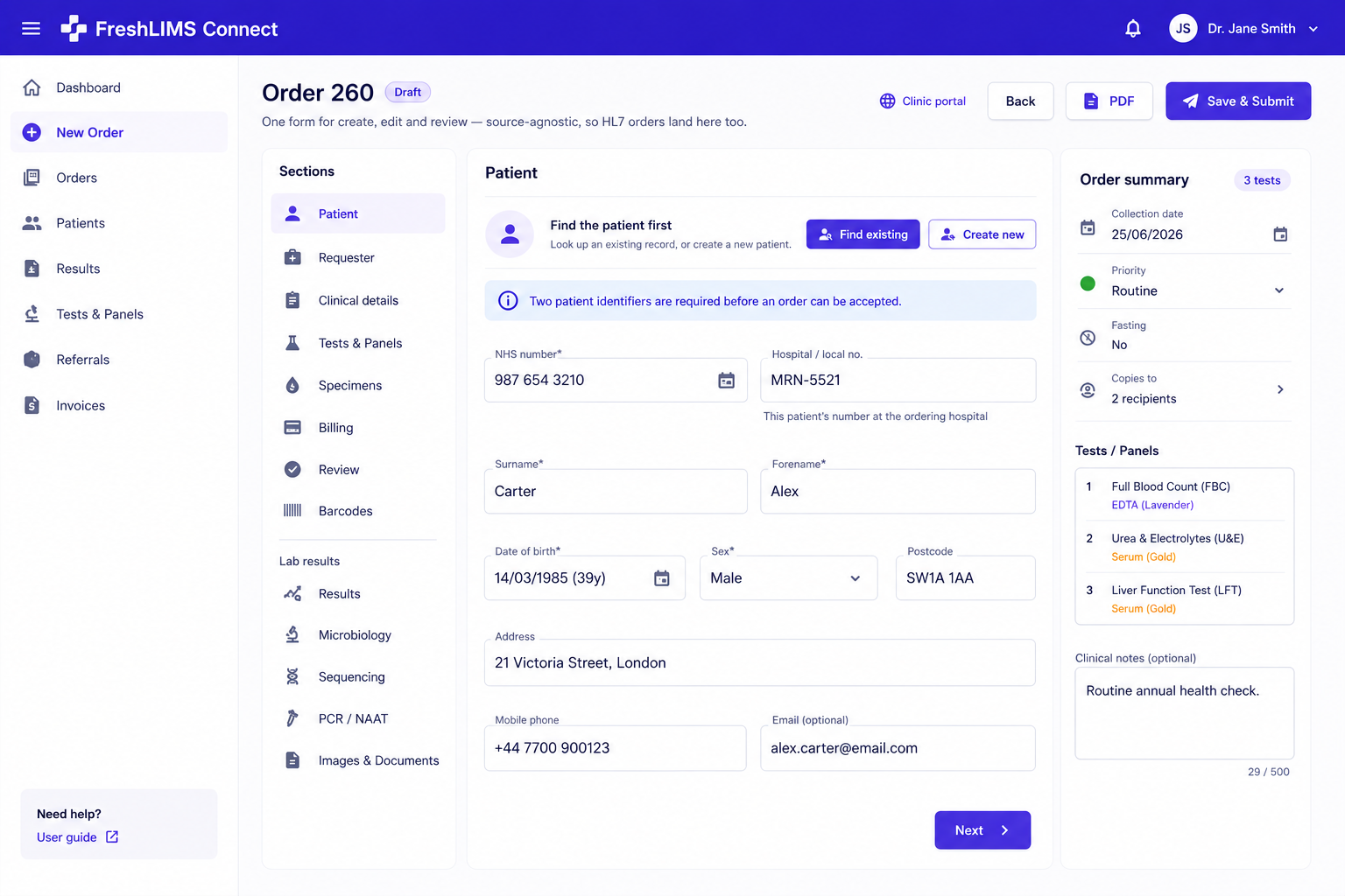 FreshLIMS Connect clinic order form: patient details, a sections sidebar (patient, requester, clinical details, tests & panels, specimens, billing, review), and a live order summary listing three tests with collection date, priority and clinical notes.