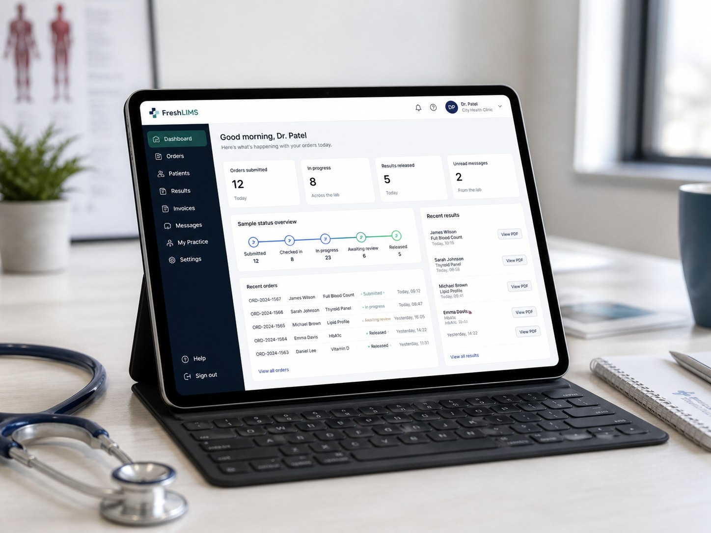 FreshLIMS Clinic Platform dashboard on a tablet at a clinician's desk, with a stethoscope and notebook in view.