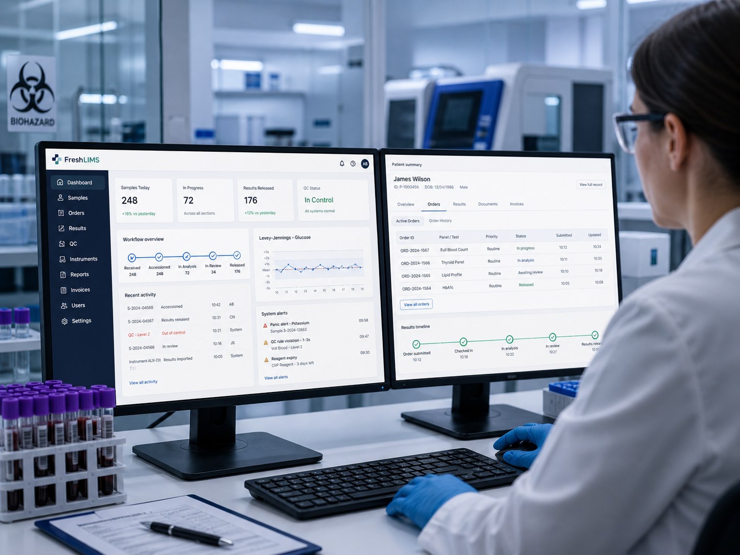 Lab technician in white coat and blue gloves reviewing FreshLIMS dashboards on twin monitors, with patient orders, QC chart and panic alerts visible. Sample tubes and analyzer in view.