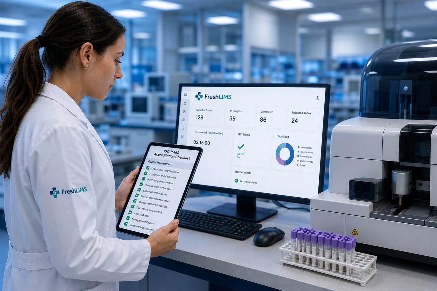 A laboratory professional in a small independent lab working through an accreditation checklist on a tablet beside an analyser, with FreshLIMS on the monitor.