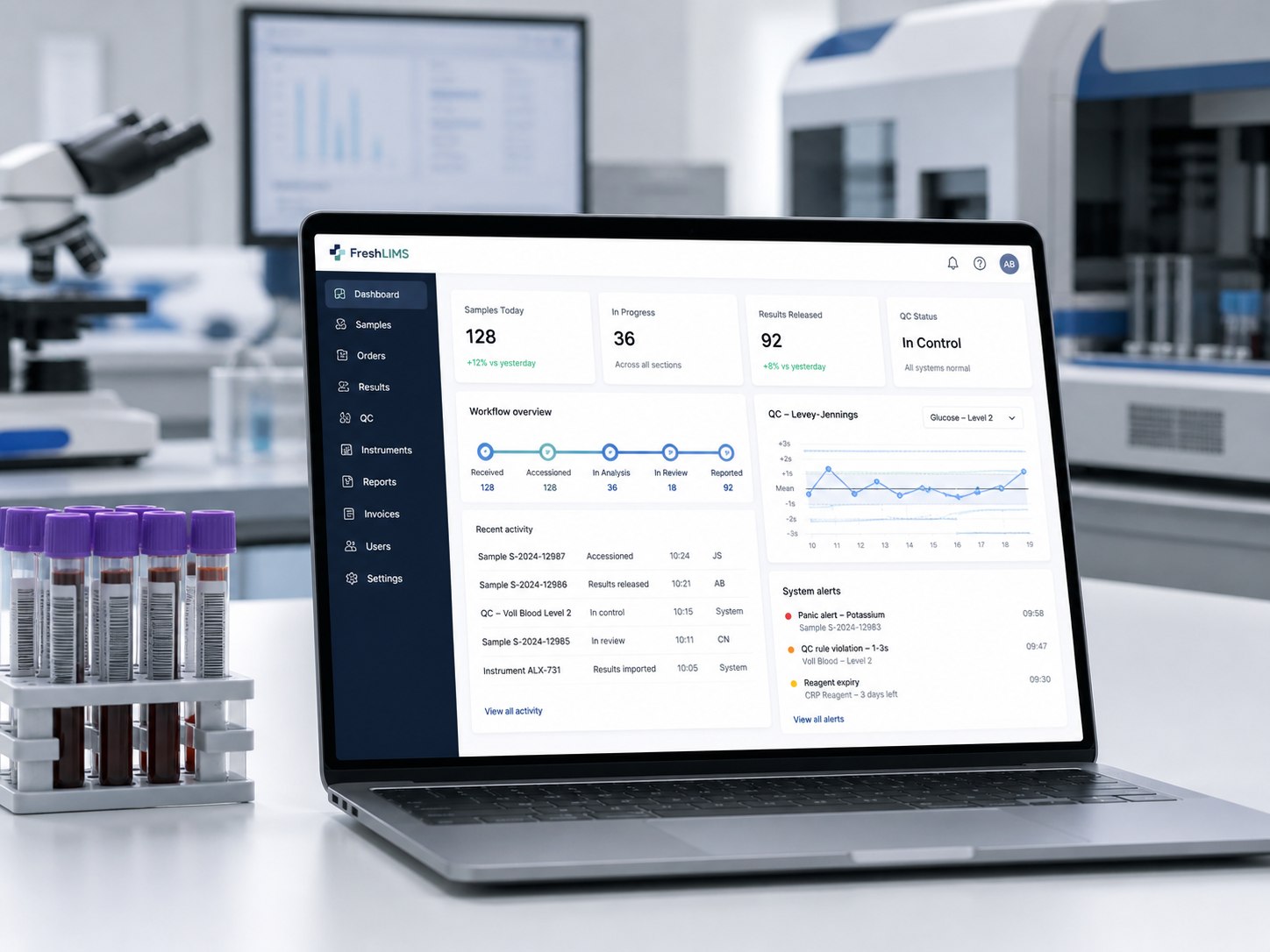 FreshLIMS Lab Platform dashboard on a laptop, in a clinical laboratory with tubes, microscope and analyzer in view.