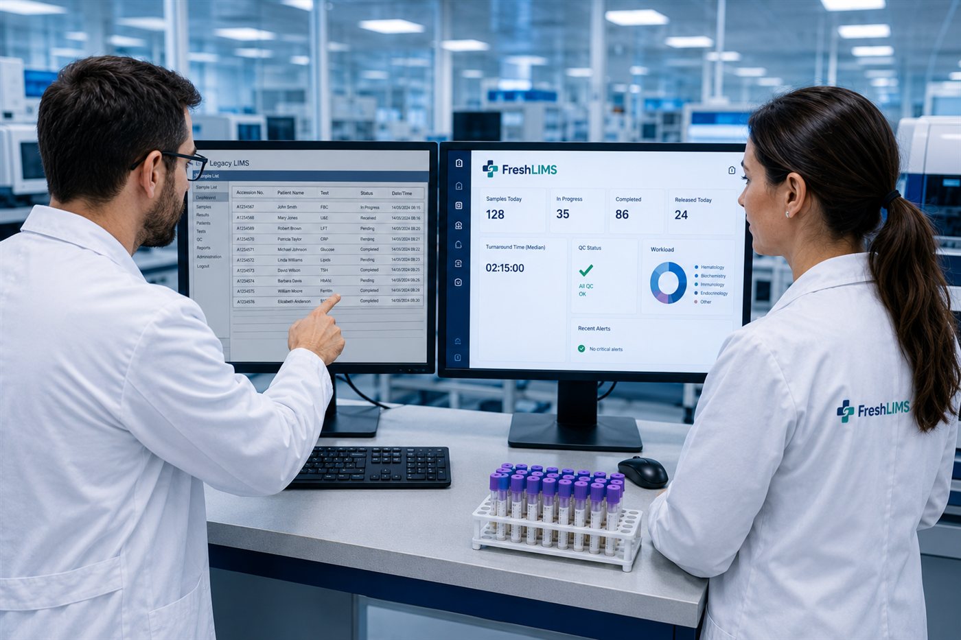 Two laboratory professionals reviewing results together at a workstation with two monitors side by side — the old system and the new LIMS running in parallel during a migration.